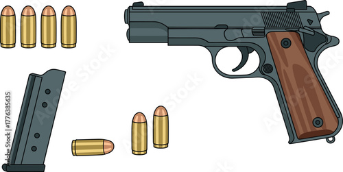 Realistic digital illustration of handgun pistol with ammunition bullets and magazine isolated on white background for firearm education design