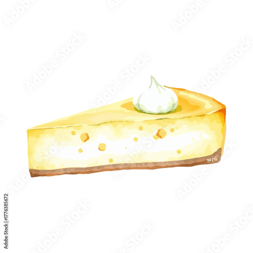 Watercolor illustration of cottage cheese casserole, slice, breakfast, triangle, hand drawn in soft warm colors, minimalist style, isolated on white background.
