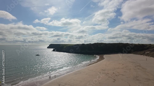Panning shot of Barafundle Bay Beach on the Pembrokeshire coast, Wales.