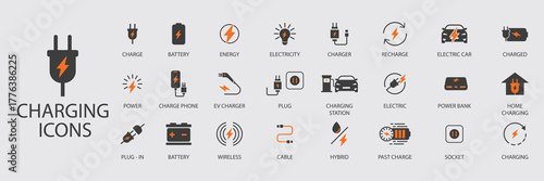 Orange and Black Charging Battery and Power Plug Vector Icon Set