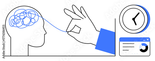 Hand untangling thread from brain alongside clock and window, symbolizing clarity, time management, problem-solving, focus, mental health, organization, decision-making. Simple flat metaphor