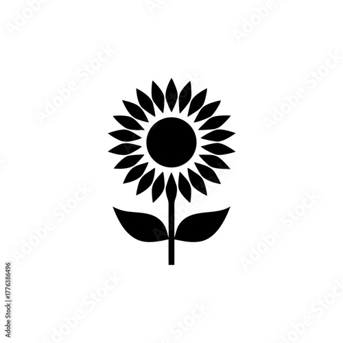 Illustration of a single black sunflower on white back on transparent background silhouette