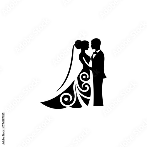 Silhouette of a bride and groom in wedding attire on transparent background