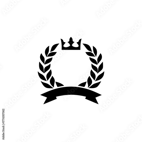 Wreath with crown and banner in black and white style on transparent background silhouette