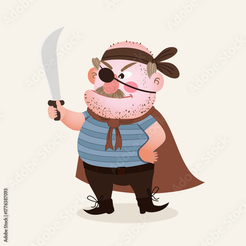 Pirate with Eye Patch and Sword in Cartoon Style