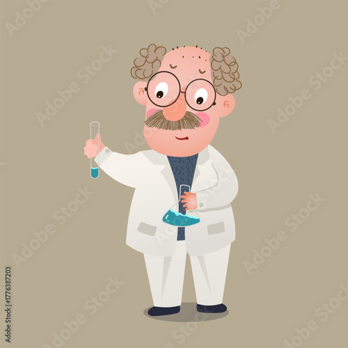 Man in Lab Coat with Flask in Scientific Cartoon Style