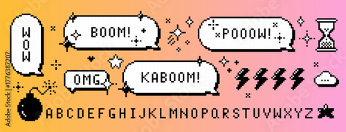 Y2k pixel retro dialogue box set, font, phrases Pow, Kaboom, Wow, Boom, Omg, bomb icon. 8 bit communication vector elements of speech bubbles for text message, game interface, nostalgic arcade design