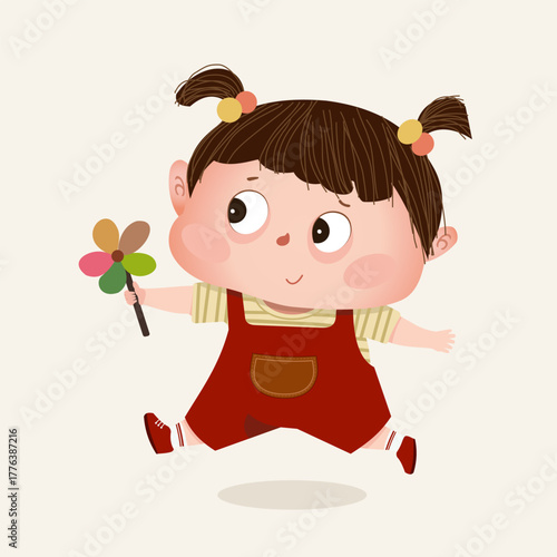 Girl with Pigtails Holding Flower in Lively Cartoon Style