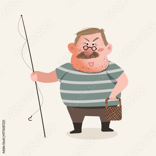 Man with Mustache Holding Fishing Rod in Cartoon Style