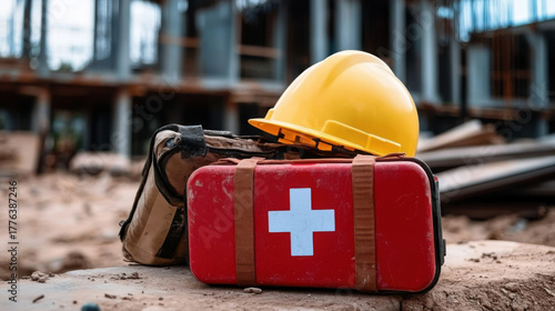 construction site with a yellow hard hat and a red first-aid kit