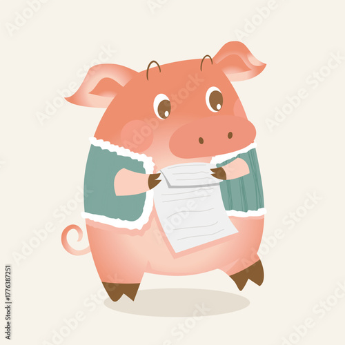 Pig in Apron with Paper in Kitchen-themed Cartoon Style