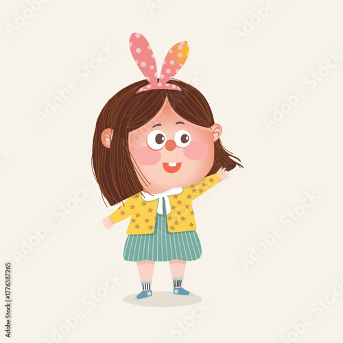 Girl with Bunny Ears and Dress in Playful Cartoon Style