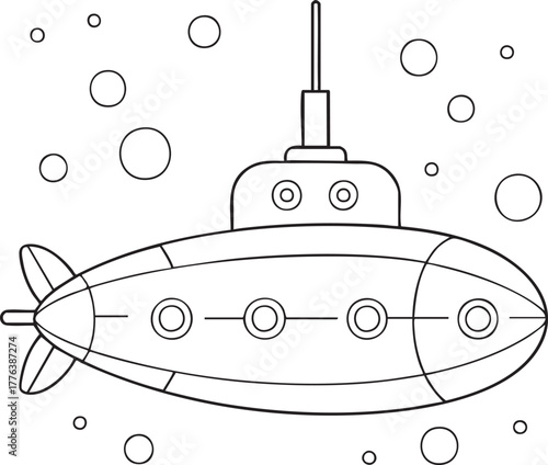 Submarine underwater illustration navigating sea with bubbles for adventure and exploration