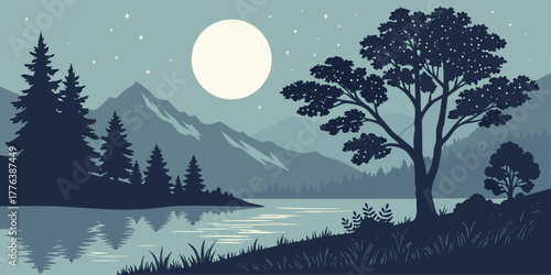 Serene Night Landscape with Full Moon and Mountains