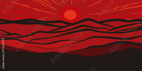 Stylized Red Desert Sunset Landscape With Sun Rays Keywords: sunset, landscape, desert