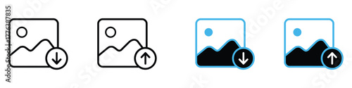 Download or upload picture icon vector. digital content management and data transfer symbol. vector illustration.