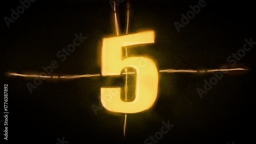 Vintage film countdown with warm glow and risograph style grain. Analog cinema projection aesthetics animation