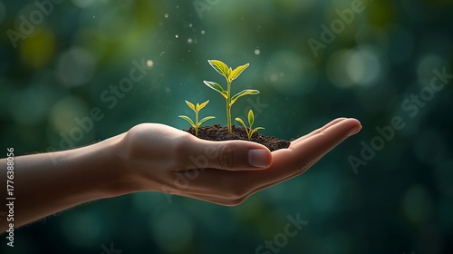 A person's hand tenderly cradles a few seedlings, symbolizing growth, care, and the nurturing of life. The background is a soft blur of green, which highlights the detail of the hand and seedlings. 