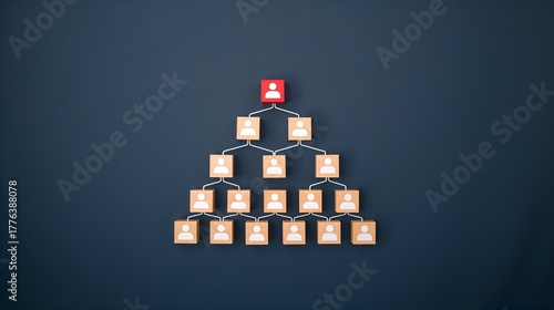 an abstract pyramid-shaped diagram with human icons symbolizing organizational structure and hierarchy on a dark background