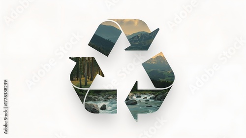 Recycling symbol combined with nature imagery that evokes themes of conservation, environmental responsibility, and sustainability