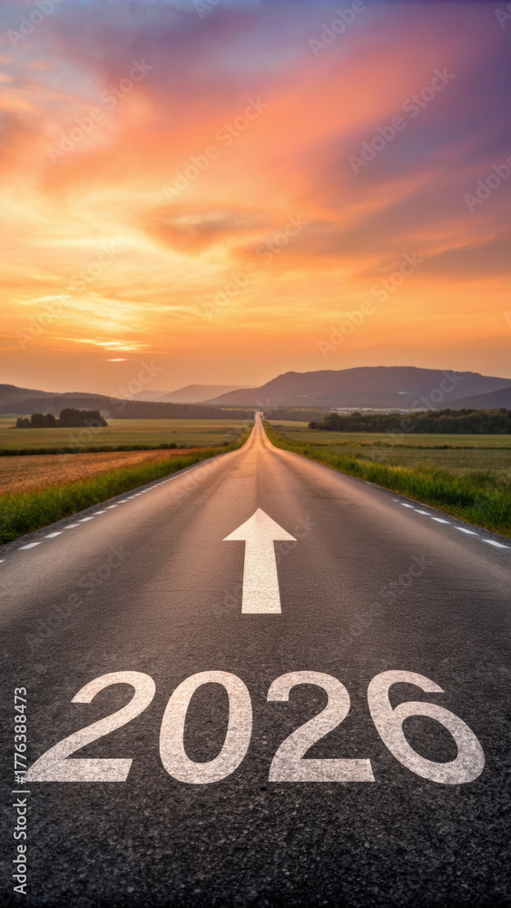 custom made wallpaper toronto digitalLong road stretches into horizon under vibrant sunset sky, with 2026 and arrow painted on asphalt, symbolizing future direction