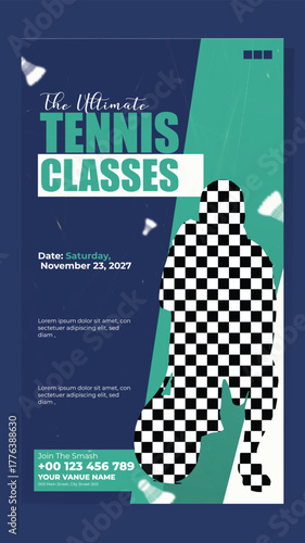 Learn tennis with professional coaching for all skill levels.
Tennis classes advertisement with a smiling male coach holding a racket and ball.