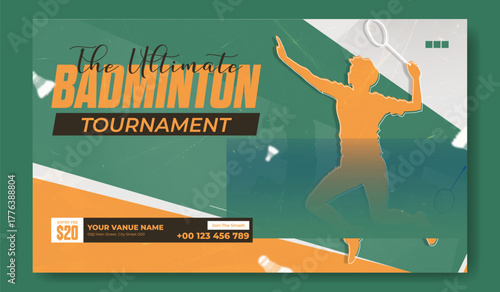 Dynamic silhouette of a badminton player in action advertising badminton classes and training