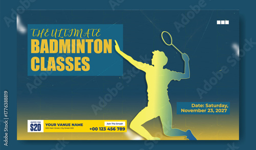 Dynamic silhouette of a badminton player in action advertising badminton classes and training