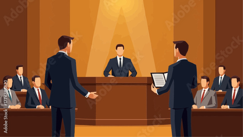 Courtroom with Judge and Lawyer Vector Illustration