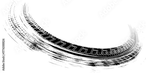 Tire tread marks, wheel textures, tire marks - car racing, motocross, drift, rally, off-road and others. Vector black isolated texture in grunge style with splashes.eps10