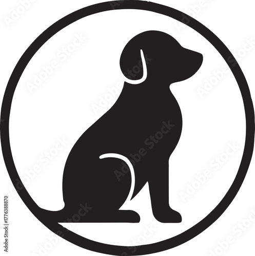 Simple black and white illustration of a dog inside a circular frame