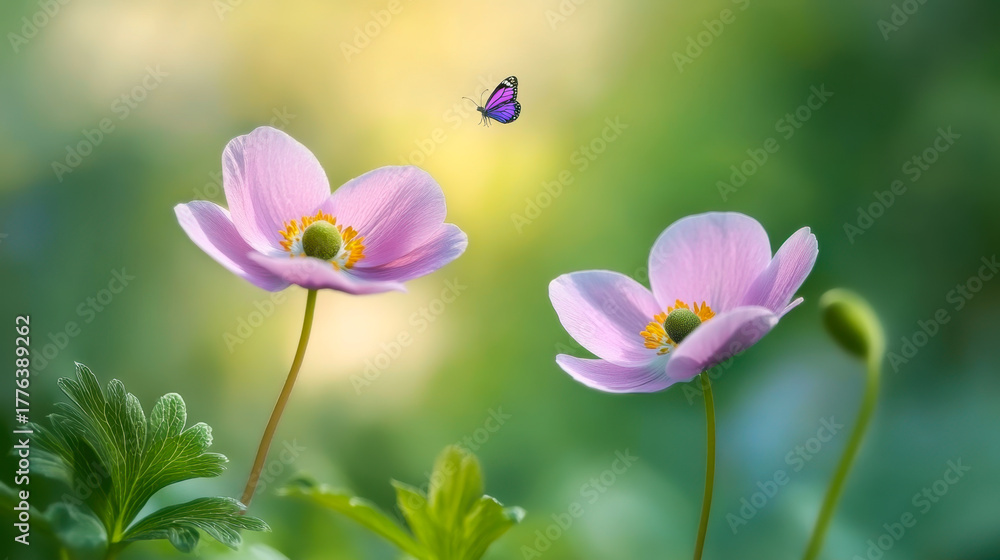 Fototapeta premium Beautiful pink flower Cosmos bipinnatus and butterfly on natural green-yellow background