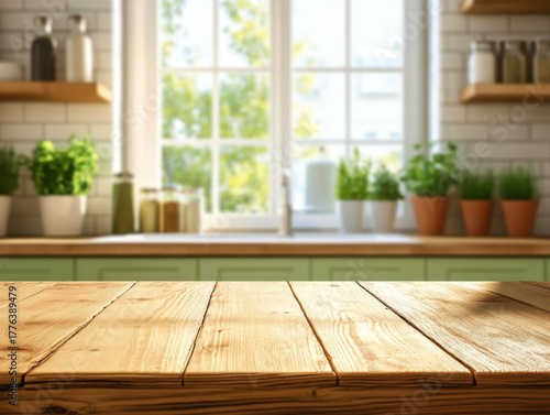 A wooden tabletop with a blurred image of a modern kitchen in the background.