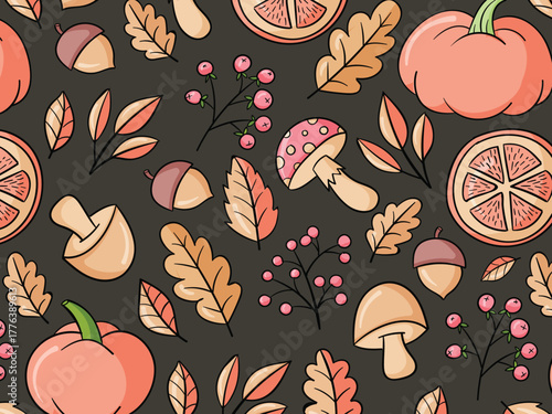 Autumn season seamless pattern background vector. Fall harvest wallpaper with maple leaf, mushroom, walnut, leaves branch, frame. Design for print, cover, fabric, packaging, wall art, home decor.
