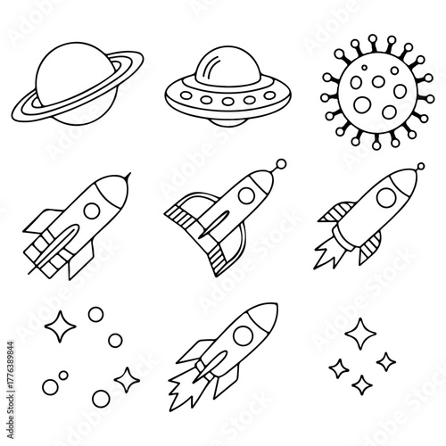 Set of simple space themed drawings. Includes rockets, planets with rings, flying saucers, and stars. Minimalist line art icons for astronomy or science fiction projects.