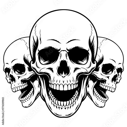 Three detailed human skulls with open mouths, creating a menacing and macabre design. A dark art composition perfect for tattoo, horror, or Halloween themes.