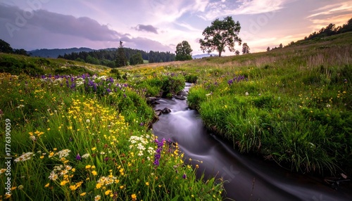 Fototapeta Naklejka Na Ścianę i Meble -  Stream flowing through wildflower meadow at sunset.