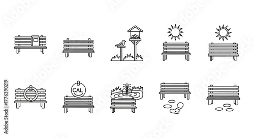 park bench icons a collection of ten stylized park benches each unique showcasing outdoor leisure and design elements for recreation areas line art