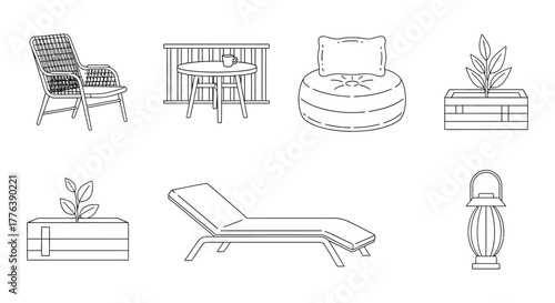 outdoor furniture arrangement with a chair table chaise lounge  plant creating a relaxing atmosphere for balconies  patios for design layouts
