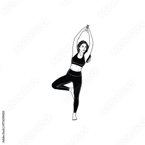 Minimalist Yoga Illustration Featuring Woman in Tree Pose Wearing Sports Bra and Leggings Suitable for Exercise and Lifestyle Projects