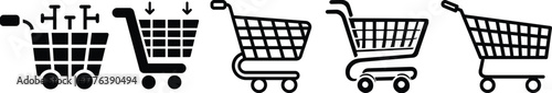Shopping cart icon set. Shopping trolley in outline. Web cart in line. Shop symbol in black. Trolley icon. Stock vector illustration.A simple line art illustration of a shopping cart.