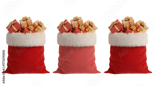 Abundant Santa Claus gift bags overflowing with festive red and gold presents create a joyful holiday scene, perfect for Christmas promotions and winter celebrations.