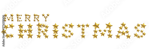 Golden stars arranged to spell "Merry Christmas" on a transparent background. A festive and elegant holiday greeting.