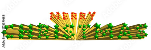 A 3D render shows red and green stars shooting upwards along golden rays. The central cluster of red stars are flanked by the green stars. Isolated on a transparent background. Merry Christmas.