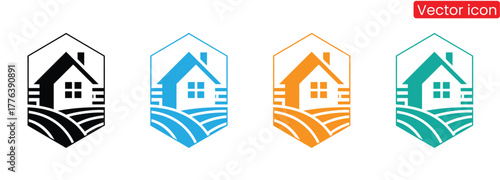 These colorful home and farm icons are ideal for branding real estate, sustainable living, and agricultural businesses. Perfect for logos, websites, and marketing materials to convey a modern, eco-fri