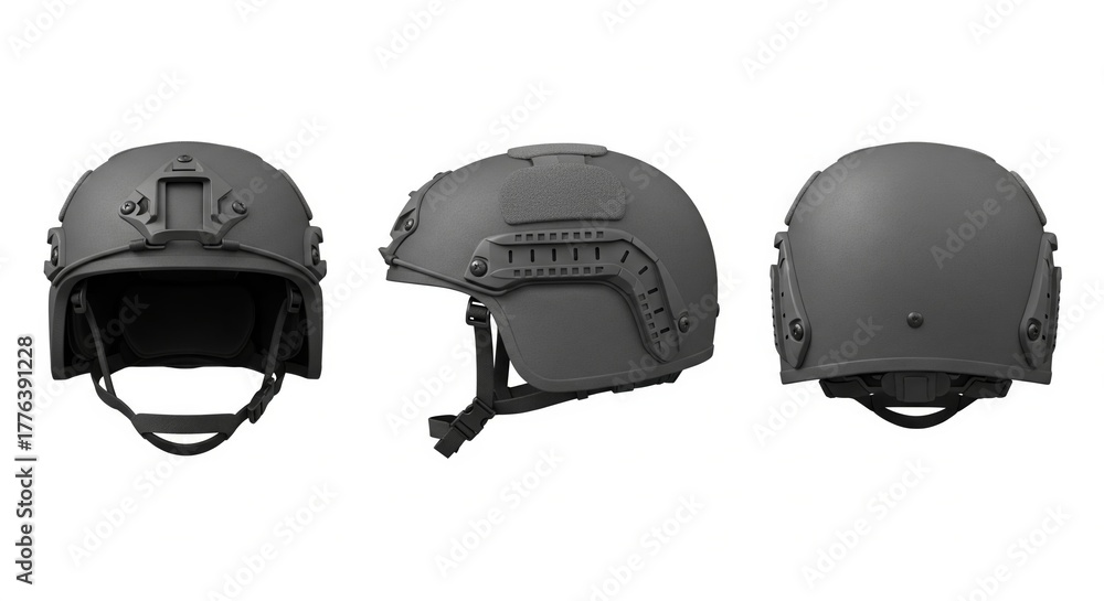Fototapeta premium Grey tactical military helmet for combat in three different views isolated on white background