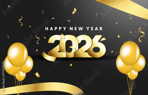 New Year 2026 celebration background with balloons and ribbons