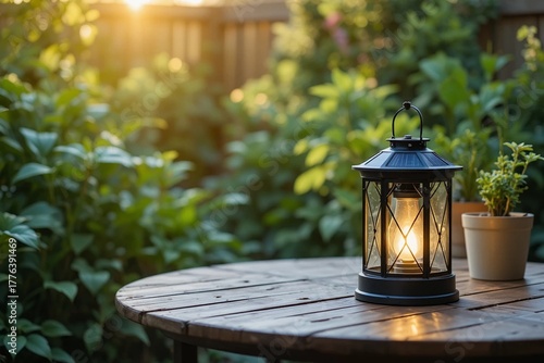 Wallpaper Mural Solar-Powered Lantern on Wooden Table. Renewable Home Energy and Eco Living Concept Torontodigital.ca
