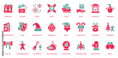 Christmas icon set. Containing gift box, snow, sleigh, christmas card, christmas hat, santa, candy cane. dual tone style