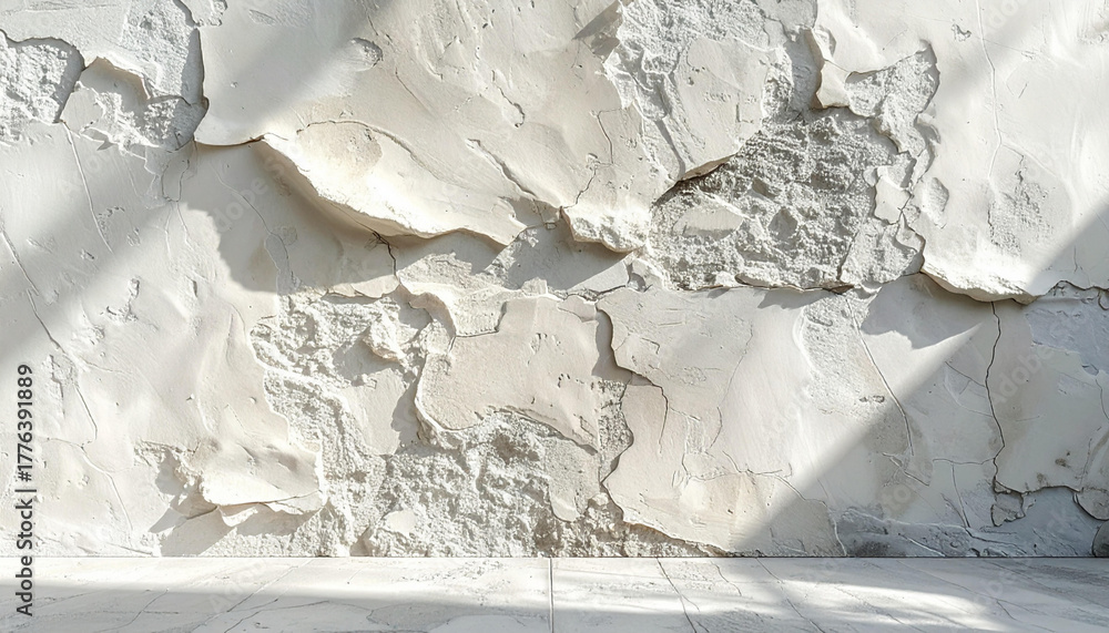 Obraz premium Abstract textured background of a distressed plaster wall with sunlight casting shadows, showcasing organic imperfections and raw material beauty